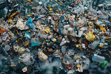 Plastic garbage floating on water surface. Environmental Protection. The concept of ocean pollution. - 747378337