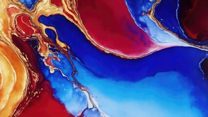luxury Red, Gold and Blue abstract fluid art painting in alcohol ink technique Background