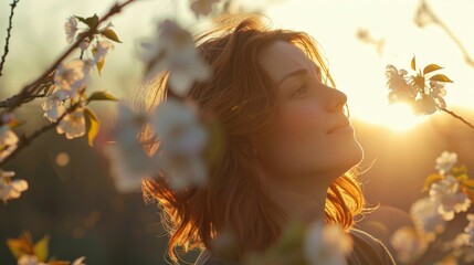 Serene woman among white flowers, eyes closed in a sun-dappled garden.