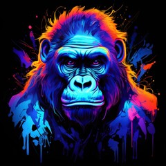 Blacklight painting-style gorilla, gorilla pop art illustration