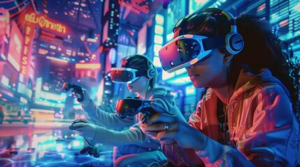 Young Gamers Engrossed in Virtual Reality Games in a Neon-lit Arcade