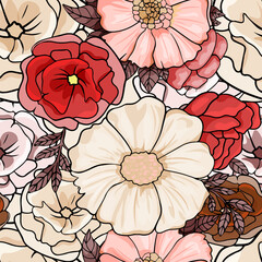 Summer bright vintage floral seamless pattern with blooming poppies cornflowers, rose hips Vector illustration