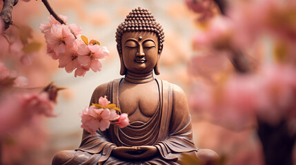 Buddha in front of the pink blossoms