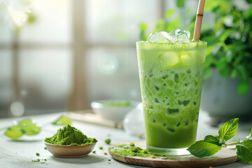Iced matcha latte, a vibrant green tea beverage, served on a clean table with Japanese style clean background, wellness concept, Generative AI