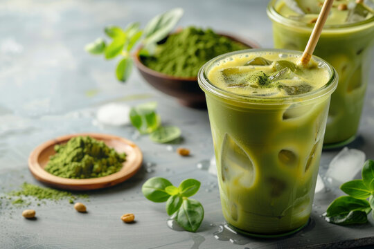 Healthy iced matcha latte green tea set against a grey background, essence of wellness and vitality, promoting mindful consumption and healthy lifestyle choices, Generative AI