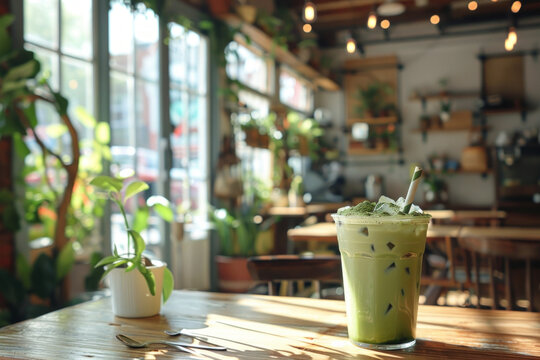 Glass of Iced matcha green tea latte on a cozy caf&eacute; table, wooden tables and green plants as blurry background, wellness cafe,  natural ambiance,  mindful consumption, relaxation theme, Generative AI