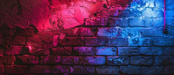 Neon light on un-plastered brick walls, red and blue neon background texture