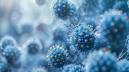 A detailed 3D illustration of a virus particle with spike proteins, set against a backdrop of similar structures in a blue, misty environment.