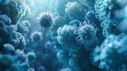 Obraz na płótnie Canvas A detailed 3D illustration of a virus particle with spike proteins, set against a backdrop of similar structures in a blue, misty environment.