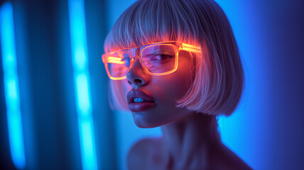 Fashionable young woman in neon glowing sunglasses  at night club neon lighting