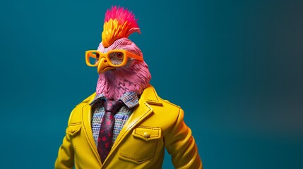 Chicken wearing sunglasses dressed with colorful funny clothes