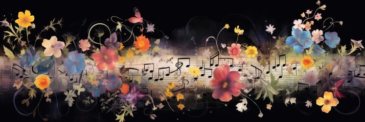 Treble clef and roses on music notes background. Retro style
