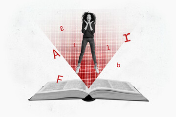 Composite graphics collage image of girl jump book letters light education translator dictionary new language encyclopedia isolated on white color background