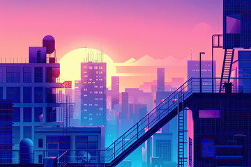 Night Skyline Cityscape with Urban Architecture and Silhouetted Skyscrapers in Illustration