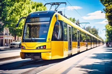 A vibrant yellow tram coasts under the green trees in urban landscape. Concept of eco-friendly public transport city life and sustainable mobility modern tramway transportation - obrazy, fototapety, plakaty