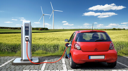 red EV car charge battery at clean charging station which energy from wind turbine and solar panel technology renewable and alternative power for electric car, clean and ecological concept
