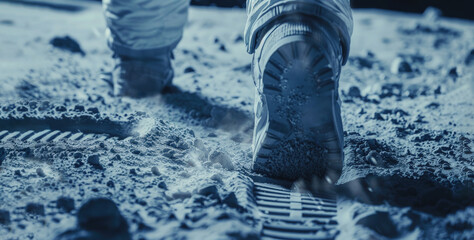 The first steps of a spaceman on the Moon. A clear astronauts footprint on the surface of the another planet. 