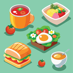 set of food and drinks