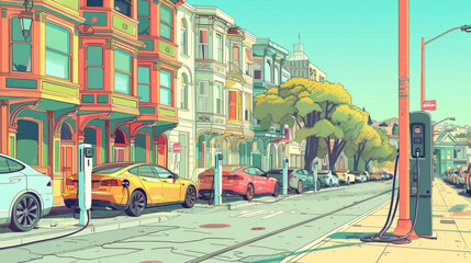 A bustling city street lined with multicolored buildings with a row of charging stations p strategically along the sidewalk offering convenient and ecofriendly options for