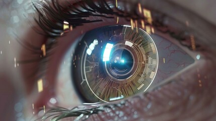 Fototapeta na wymiar Human eye with virtual hologram for surveillance, digital ID verification, Lasik correction