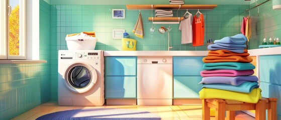 Laundry room with washing machine, stack of clothes waiting to be cleaned