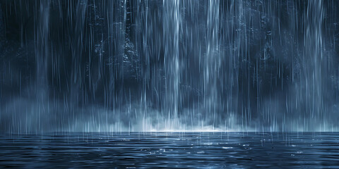 waterfall in the dark rain over water in the style of