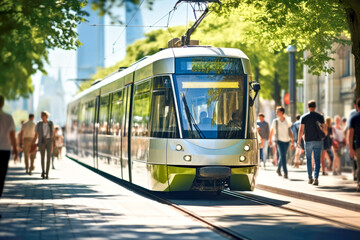 A modern tramway moves through the city's verdant summer streets. Concept of eco-friendly public transport, urban mobility and green technology tram transportation. People commuters on background