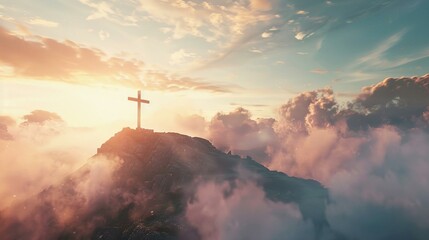 Holy cross over Golgotha Hill, light and clouds background, symbolizing Jesus Christ's resurrection - obrazy, fototapety, plakaty