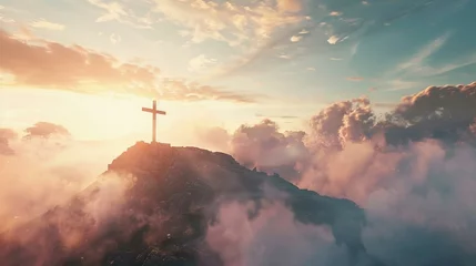 Fotobehang Holy cross over Golgotha Hill, light and clouds background, symbolizing Jesus Christ's resurrection © Seksan