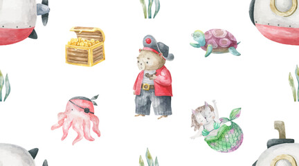 endless pattern with sea, pirates ship, boat. Water transport. Oceania life. Cute animal character, pirate in hat. Seamless background