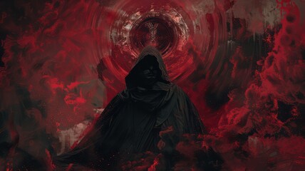 Black monk on dark red background created with Generative AI