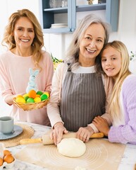 Gray-haired grandmother, together with her daughter and granddaughter, preparing dough for Easter...