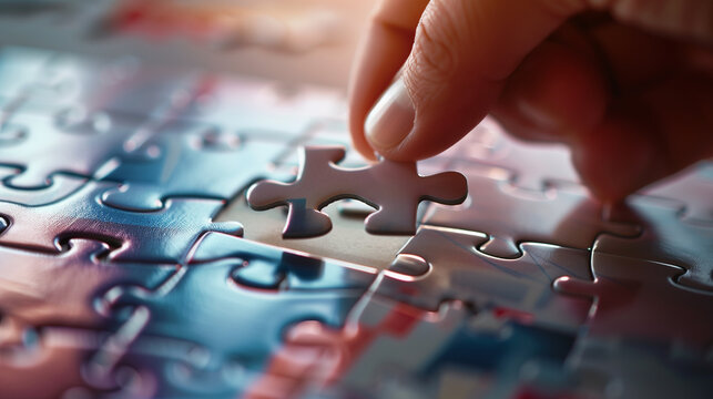Human hand placing the last missing puzzle piece, conceptualizing solution and completion.