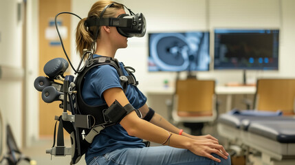 Patient using virtual reality gear for physical rehabilitation in a medical clinic.
