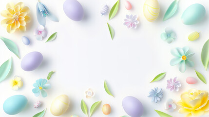 Fototapeta na wymiar easter background with colorful eggs and flowers on white background.happy Easter, spring, farm, holiday,festive scene , greeting cards, posters, .Easter holiday card concept.copy space 
