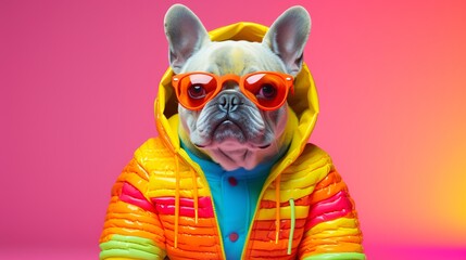 bulldog wearing sunglasses dressed with colorful funny clothes