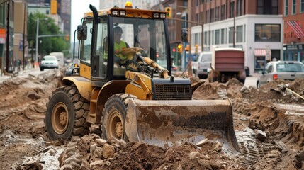 urban development: front end loader breaking ground for new construction in city area - obrazy, fototapety, plakaty