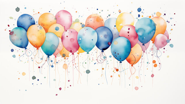festive banner with inscription happy birthday with balloons and confetti 