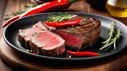 juicy medium-rare meat steak on a wooden board. serving steak in a restaurant. rustic style in food photography. meat steak with hot red pepper.