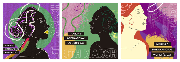 International Womens Day 8th march abctract silhouette woman illustration set