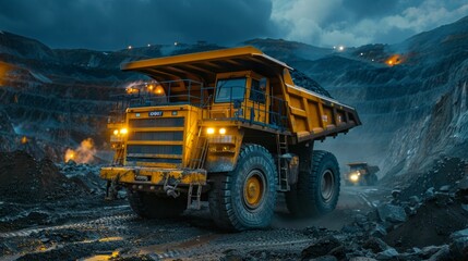 Large quarry dump truck. Big yellow mining truck at work site. Loading coal into body truck. Production useful minerals. Mining truck mining machinery to transport coal from open-pit production at