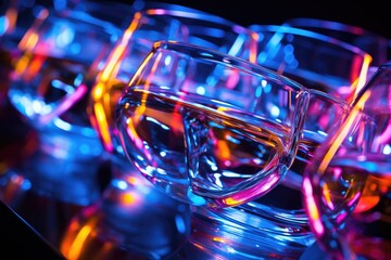 Bright colourful glass objects of different shapes in neon colours