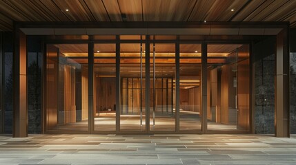 Fototapeta na wymiar Inviting glass door entry to spacious apartment hotel, crafted with wood and steel, urban accommodation concept