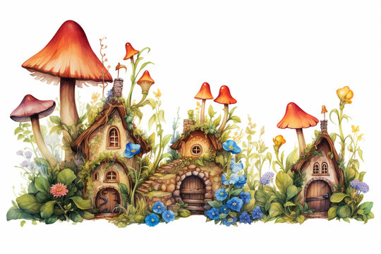 Fairy-tale houses of elves or forest wizards painted in watercolor. A fictional fairy-tale town in a forest among flowers and mushrooms. An illustration of a story about elves.