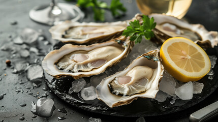 Oysters close-up. A dozen of raw oysters on a platter - obrazy, fototapety, plakaty