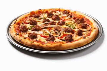 Hearty pizza on a metal tray against a white background