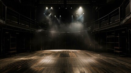 Empty stage with dramatic lighting, anticipation for a performance, dark background