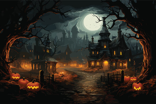 A dark manor, haunted castle, abandoned house in the night with a giant moon and orange light coming from the windows. Dark background, bats flying, halloween atmosphere. Painting, illustration