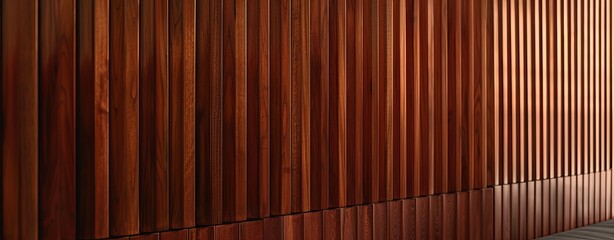 A mahogany dark wood vertical slat wall covering provides a rich and elegant backdrop. The individual slats, arranged vertically, exhibit a deep, warm tone with subtle variations in color and grain - obrazy, fototapety, plakaty