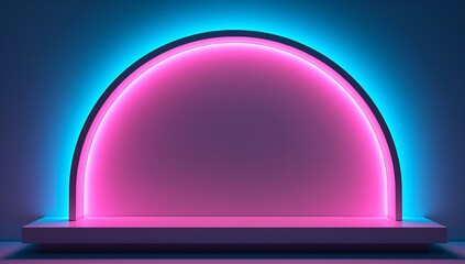 pink neon glow on an arch display on the blue wall